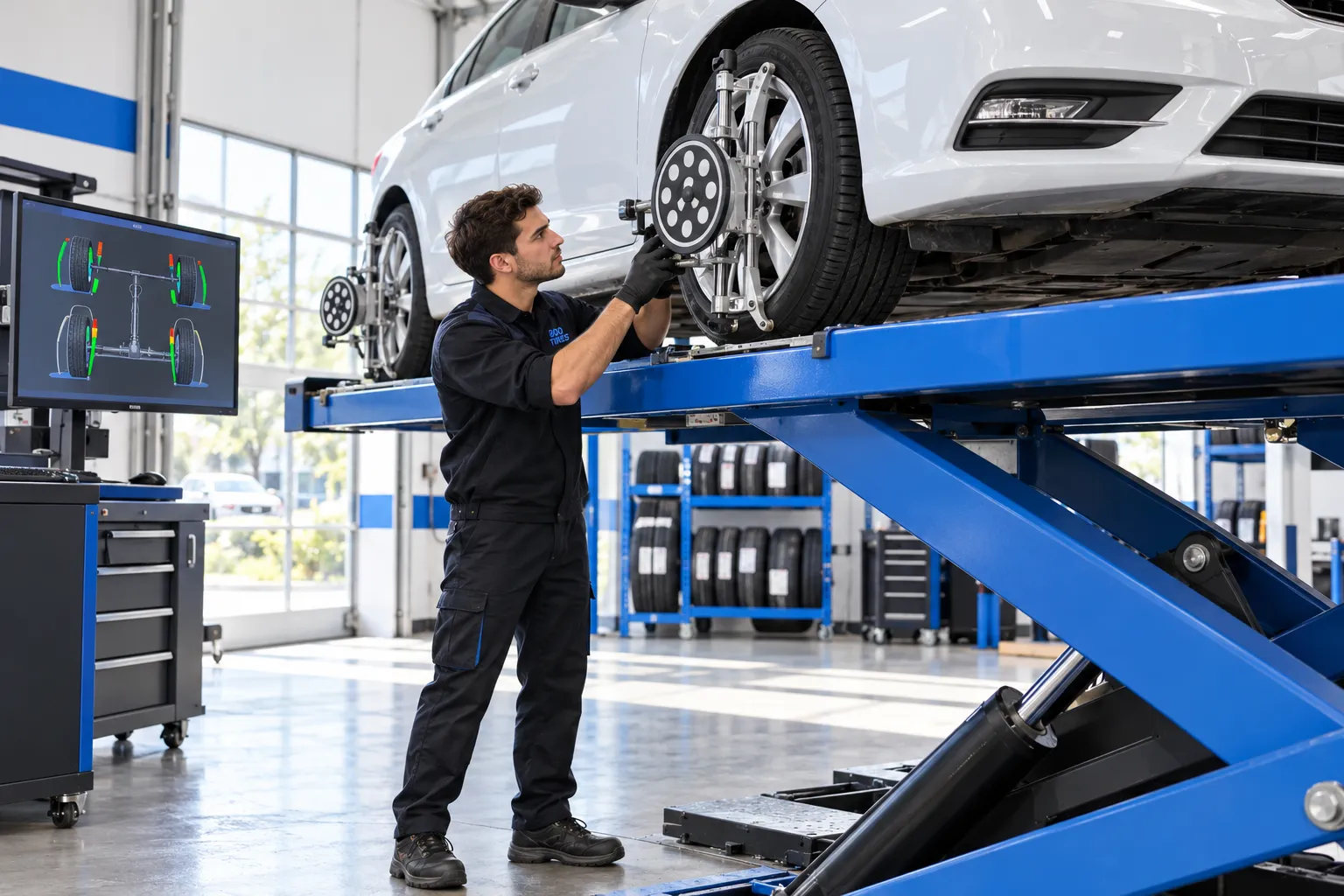 Wheel alignment inside a tyre service centre
