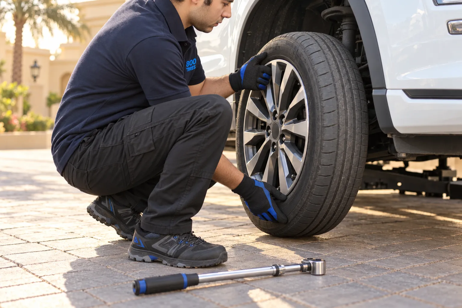 800 Tires technician fitting a tyre at the customer's car