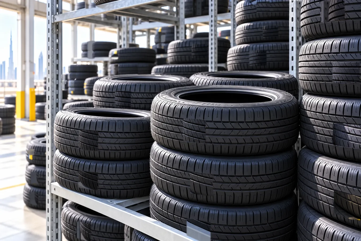 Stock of new tyres stacked on shelves